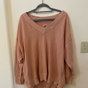 ARIE PEACH DISTRESSED PULLOVER DISTRESSED V NECK SWEATER RIBBED DETAIL SIZE S